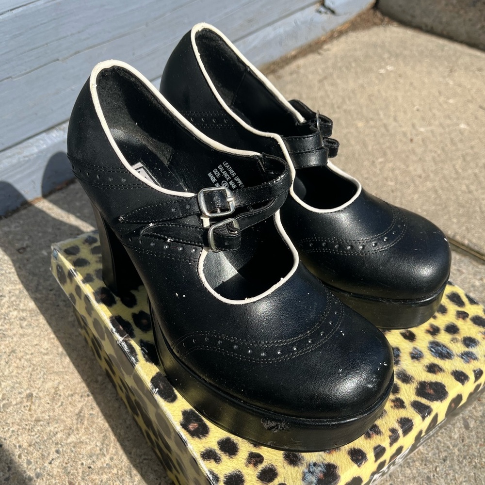 T.U.K Black Mary Jane Heels with White Trim